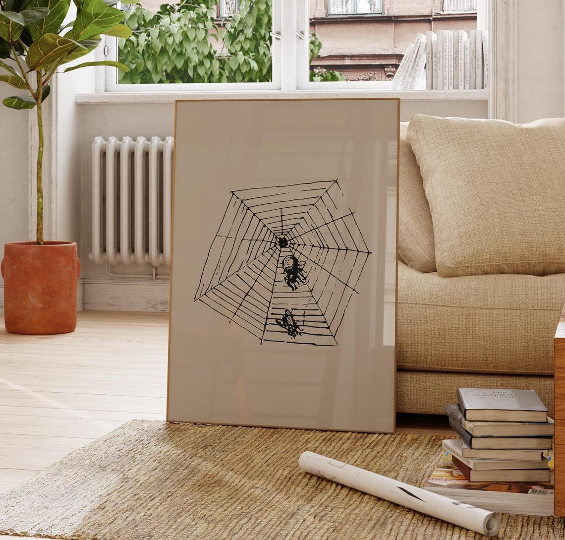 Minimalist Spider Web and Spider Black Ink Beige Halloween Poster - Image 3