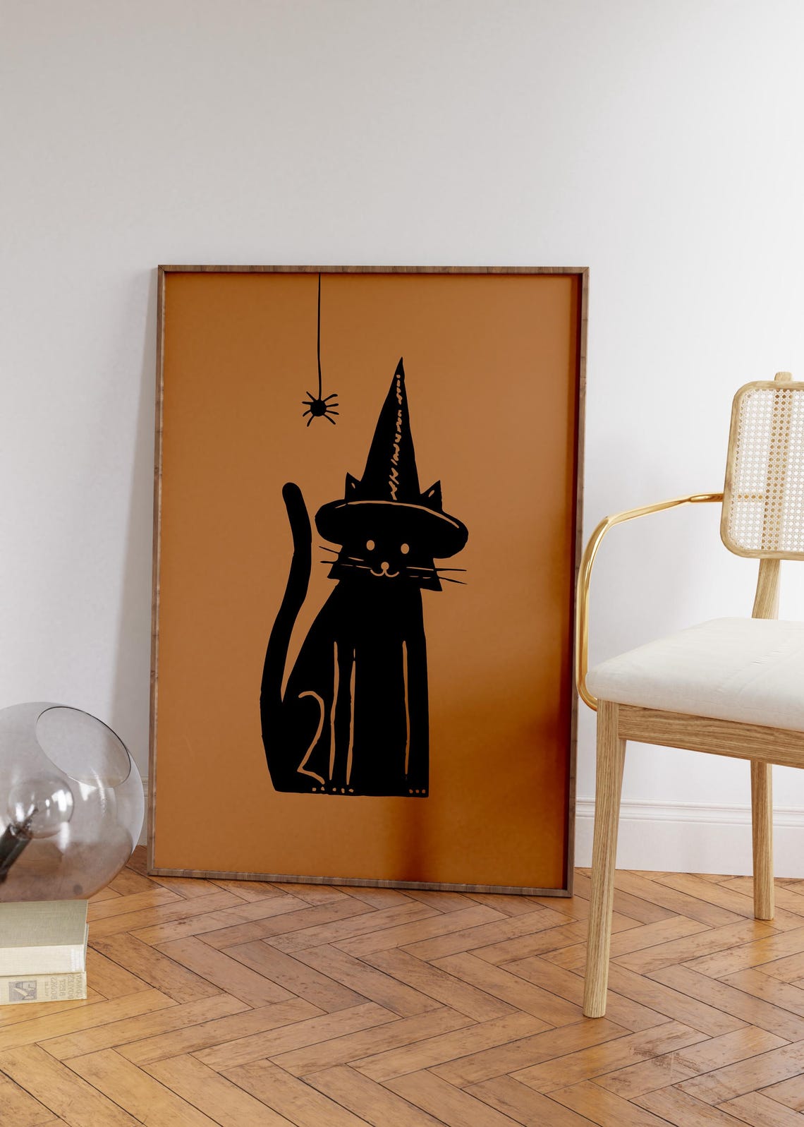 Black Cat in Witch Hat Silhouette Burnt Orange Halloween Poster - Image 2