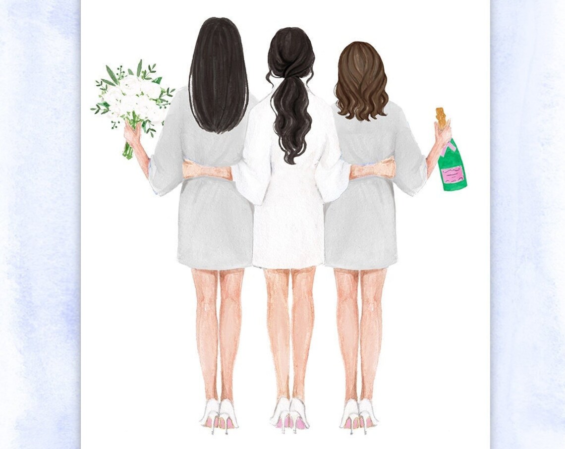 Bride with Two Bridesmaids Pink Robes Bridal Party Portrait Poster - Image 2
