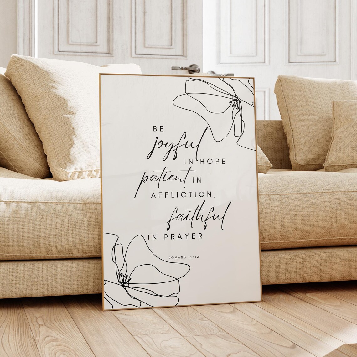 Be Joyful In Hope Romans 12:12 Floral Line Art Christian Poster - Image 3