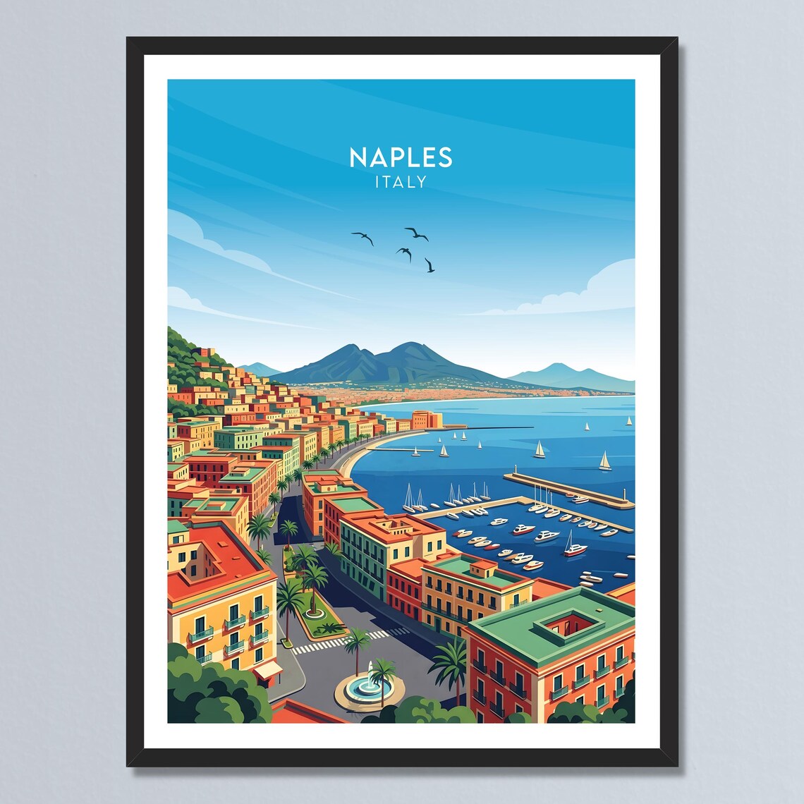 Naples Italy Bay Mount Vesuvius Marina Cityscape Coastal Travel Poster