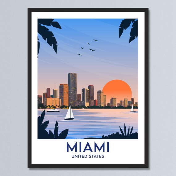 Miami Florida Sun Skyline Sailboats Bay Palms Ocean View Travel Poster