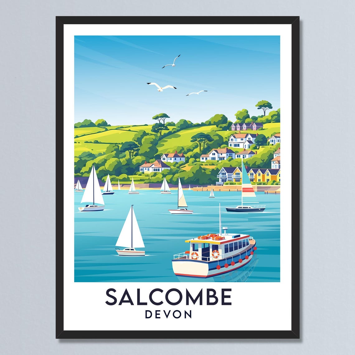 Salcombe Devon Sailing Harbor Seagulls Coastal Travel Poster