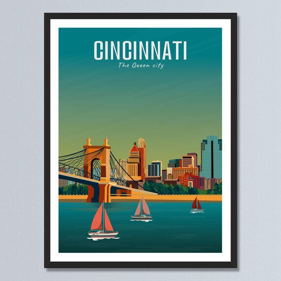 Cincinnati Ohio Queen City Roebling Bridge Retro Travel Poster