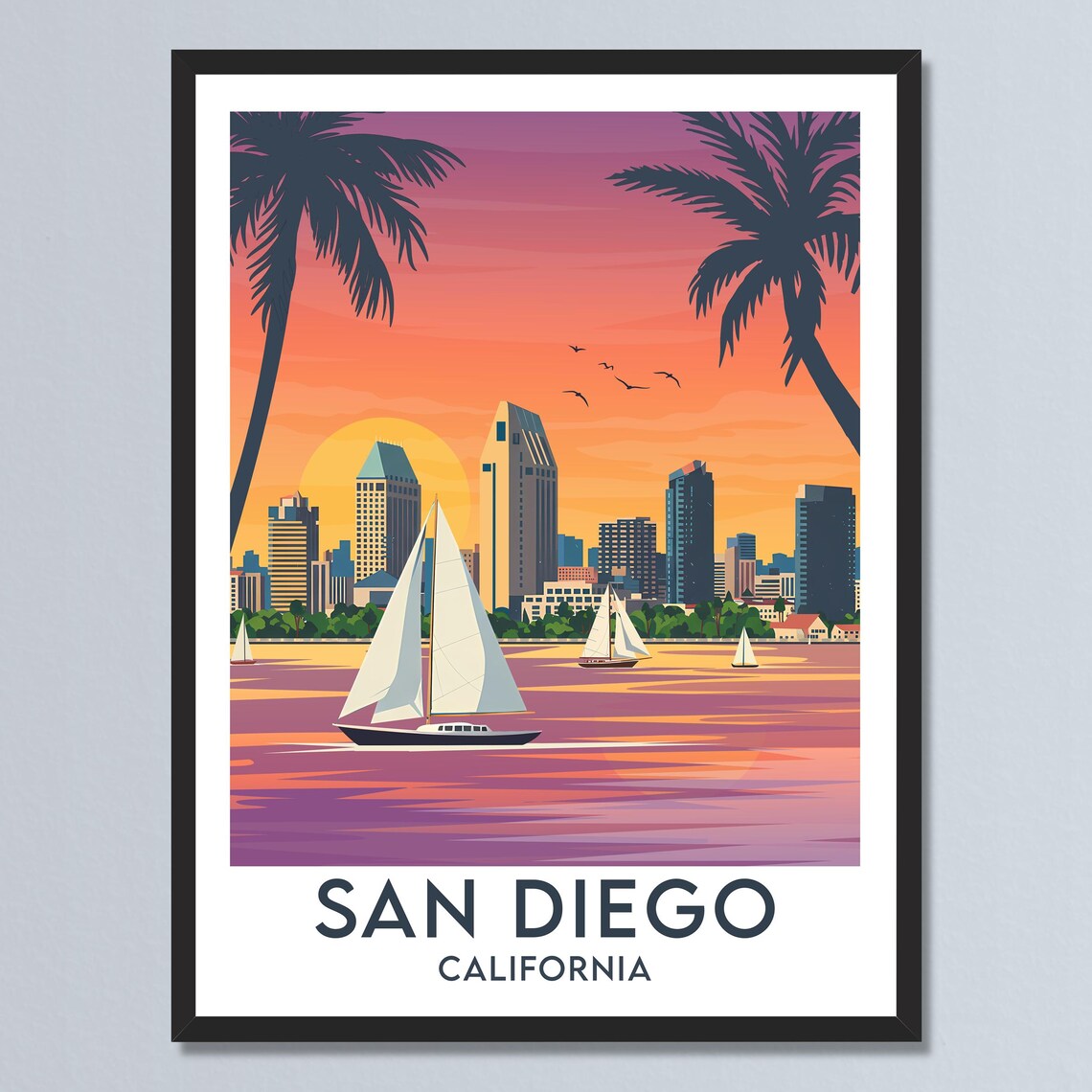 San Diego California Sunset Skyline Sailboats Harbor Travel Poster