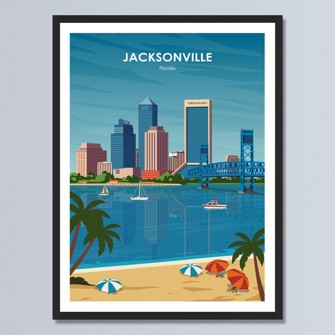 Jacksonville Florida Skyline Bridge Beach Umbrellas Palm Poster