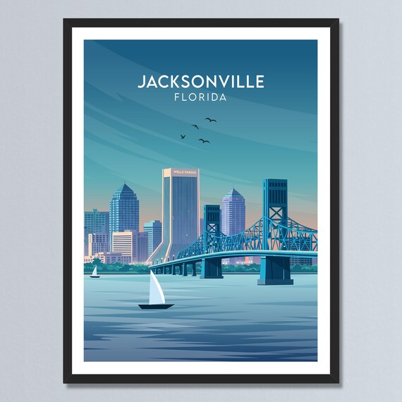 Jacksonville Florida Main Street Bridge Skyline Vintage Travel Poster