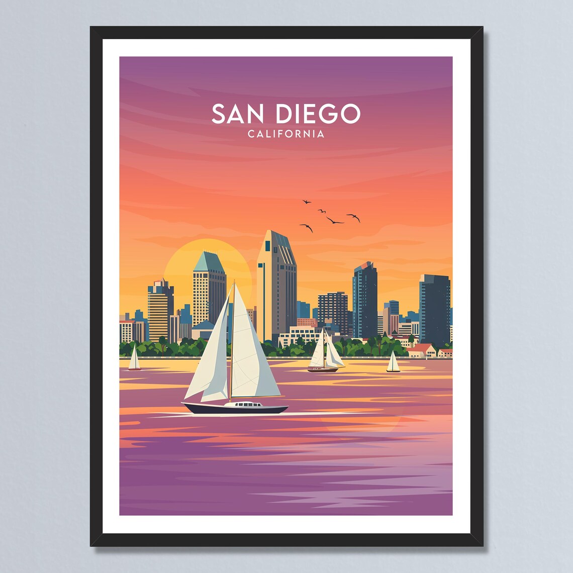 San Diego California Skyline Sailboats Golden Sunset Bay Travel Poster