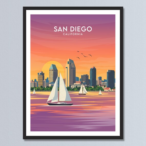San Diego California Skyline Sailboats Golden Sunset Bay Travel Poster