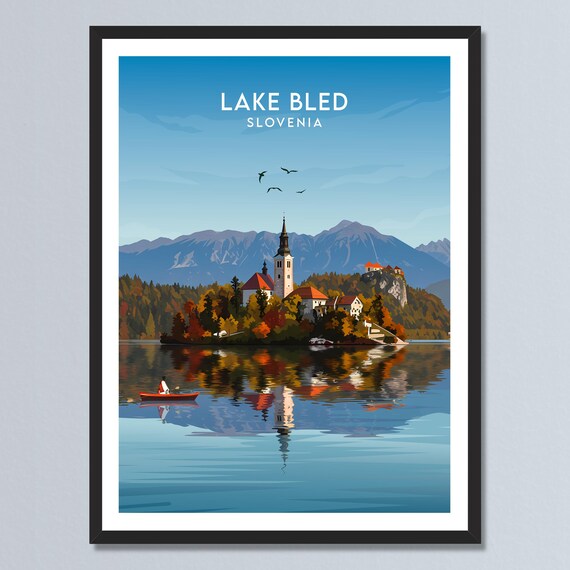 Lake Bled Slovenia Island Church Autumn Foliage Reflection Poster