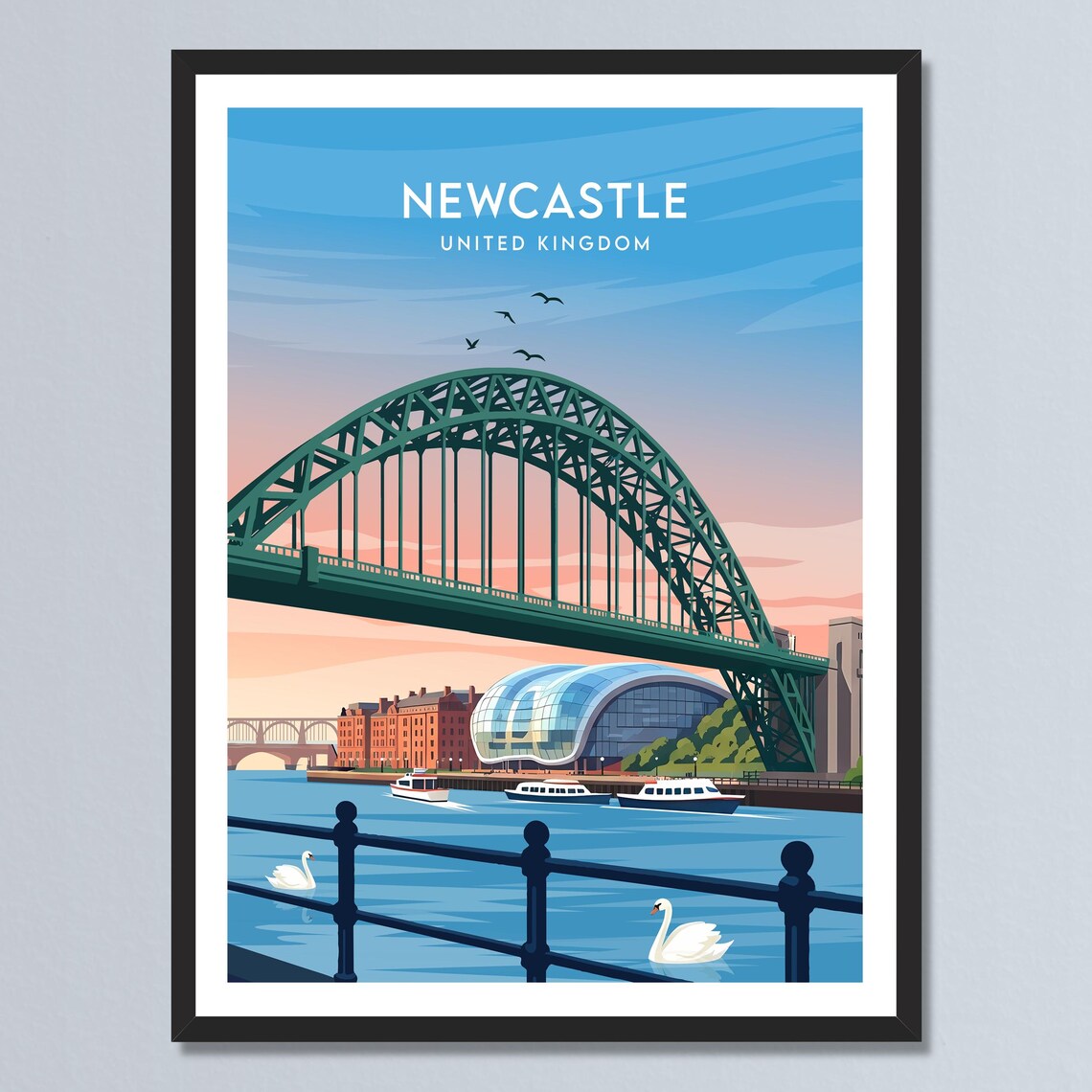 Newcastle United Kingdom Tyne Bridge Sunset Vintage Travel Poster
