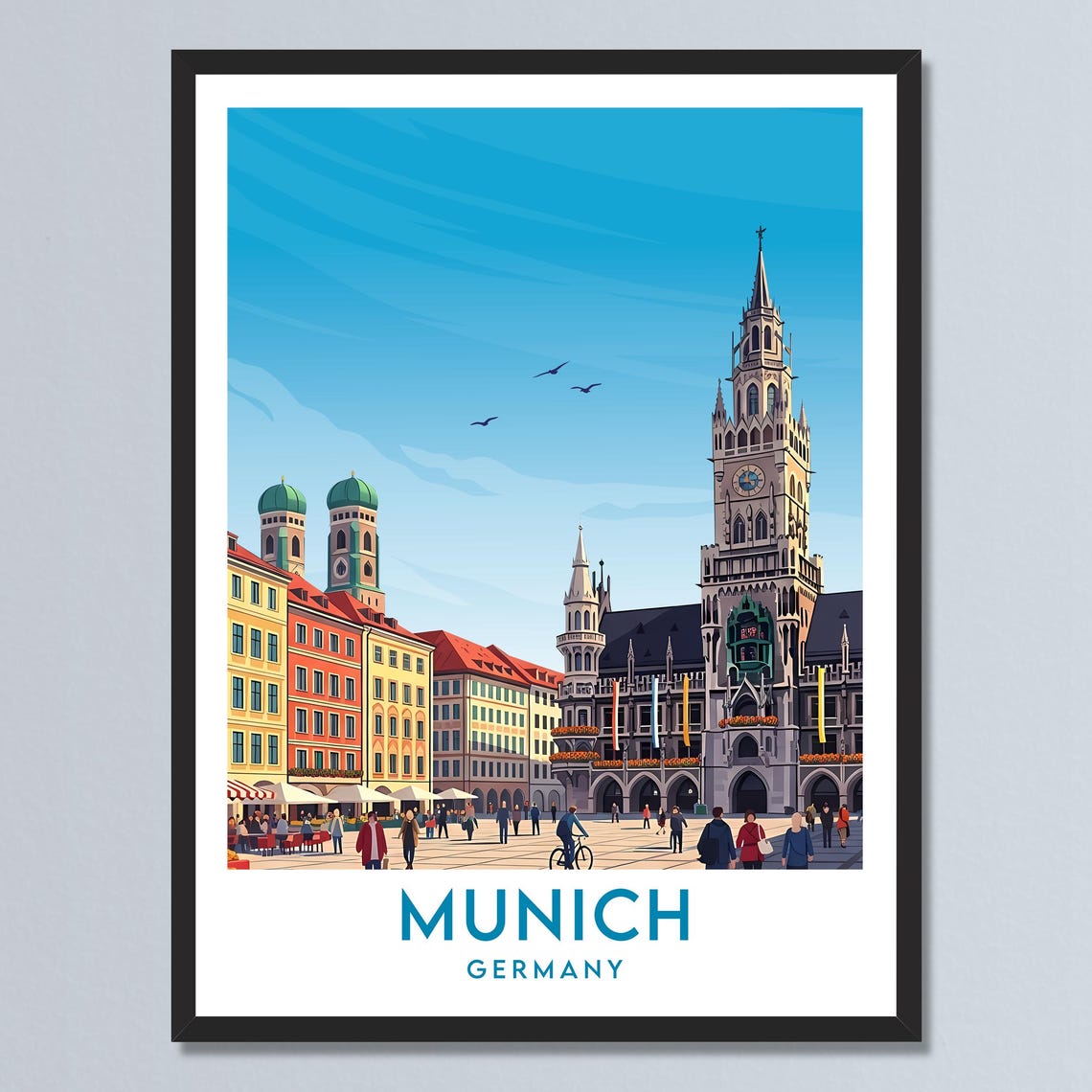 Munich Germany Old Town Square Gothic Hall Retro Travel Poster