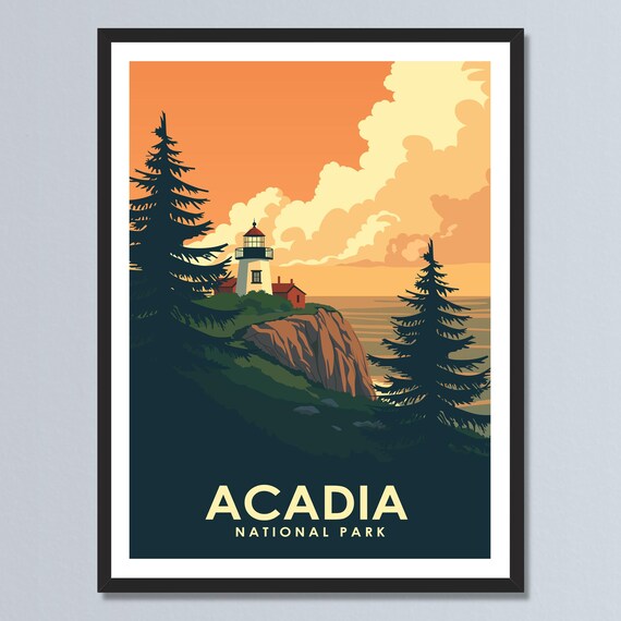 Acadia National Park Lighthouse Sunset Coastal Cliffs Poster