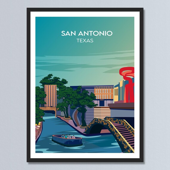 San Antonio Texas Vibrant Riverwalk Canal Boat Travel Poster