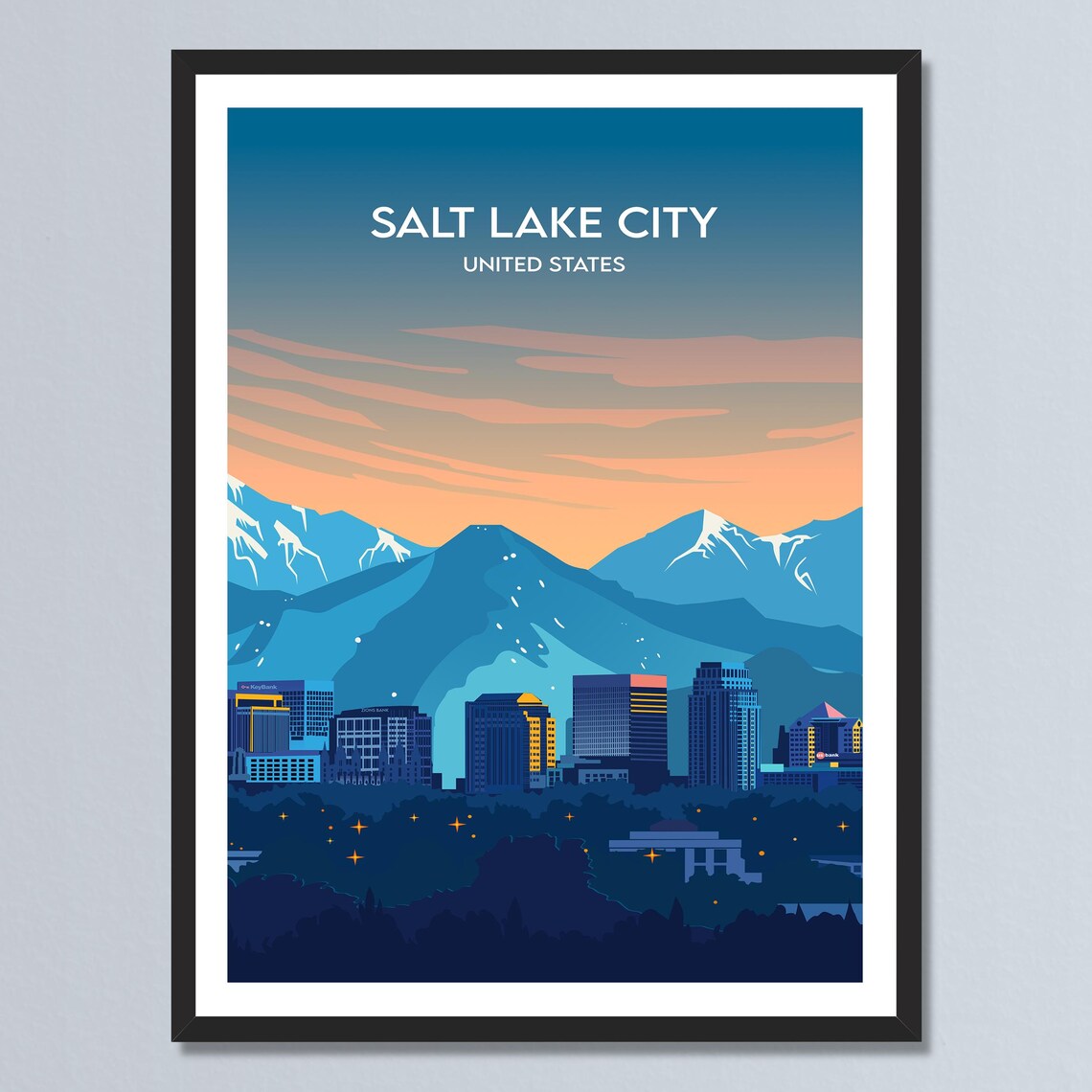 Salt Lake City Snowy Mountain Sunset Skyline Retro Travel Poster