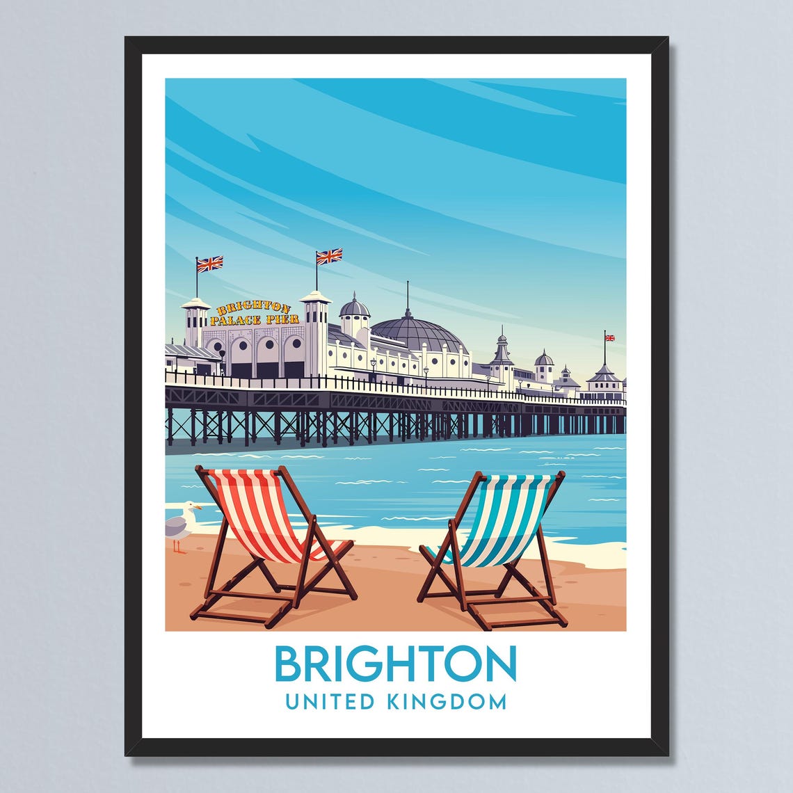 Brighton England Palace Pier Deck Chairs Seaside Holiday Poster