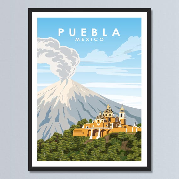 Puebla Mexico Travel Poster City Church Volcano Art Vintage Print Landscape Canvas Artpersonalized Home Decor Gift