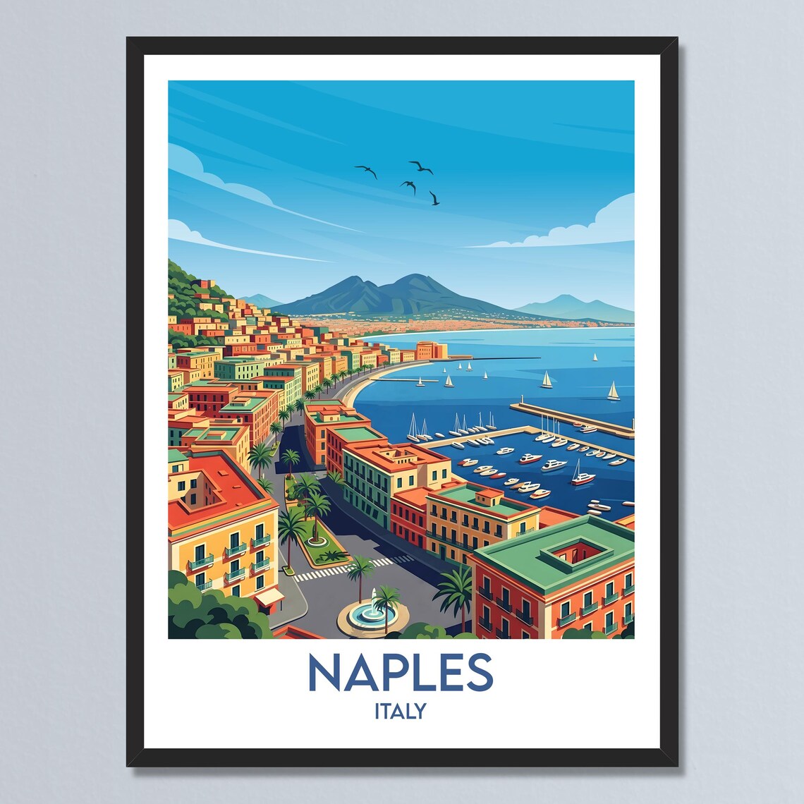 Naples Italy Vintage Travel Poster with Mount Vesuvius Bay View