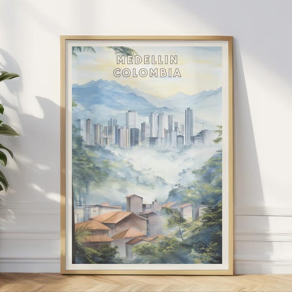 Medelln Colombia Poster Skyline Cityscape Print South America Travel Wall Art Tropical Misty Mountain Morning Jungle Home Office Decor