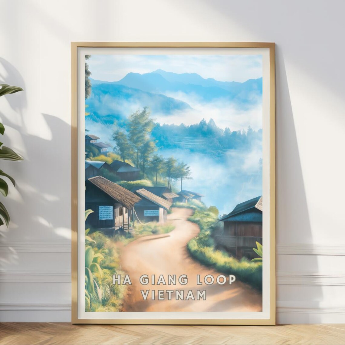 Ha Giang Vietnam Travel Poster, Misty Mountain Village