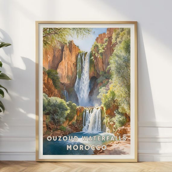 Ouzoud Waterfalls Morocco Poster Atlas Mountains Wall Art North Africa Nature Print Moroccan Landscape Decor Vintage Travel Gift