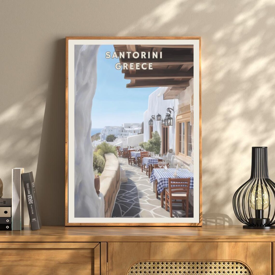 Santorini Greece Travel Poster, Seaside Dining Illustration - Image 3