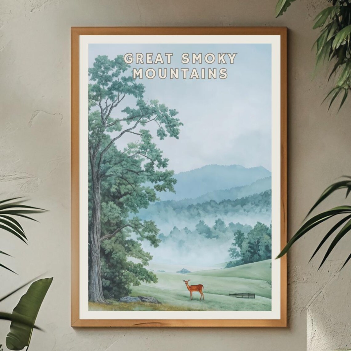 Great Smoky Mountains Misty Ridges With Deer in Meadow Watercolor Poster - Image 2