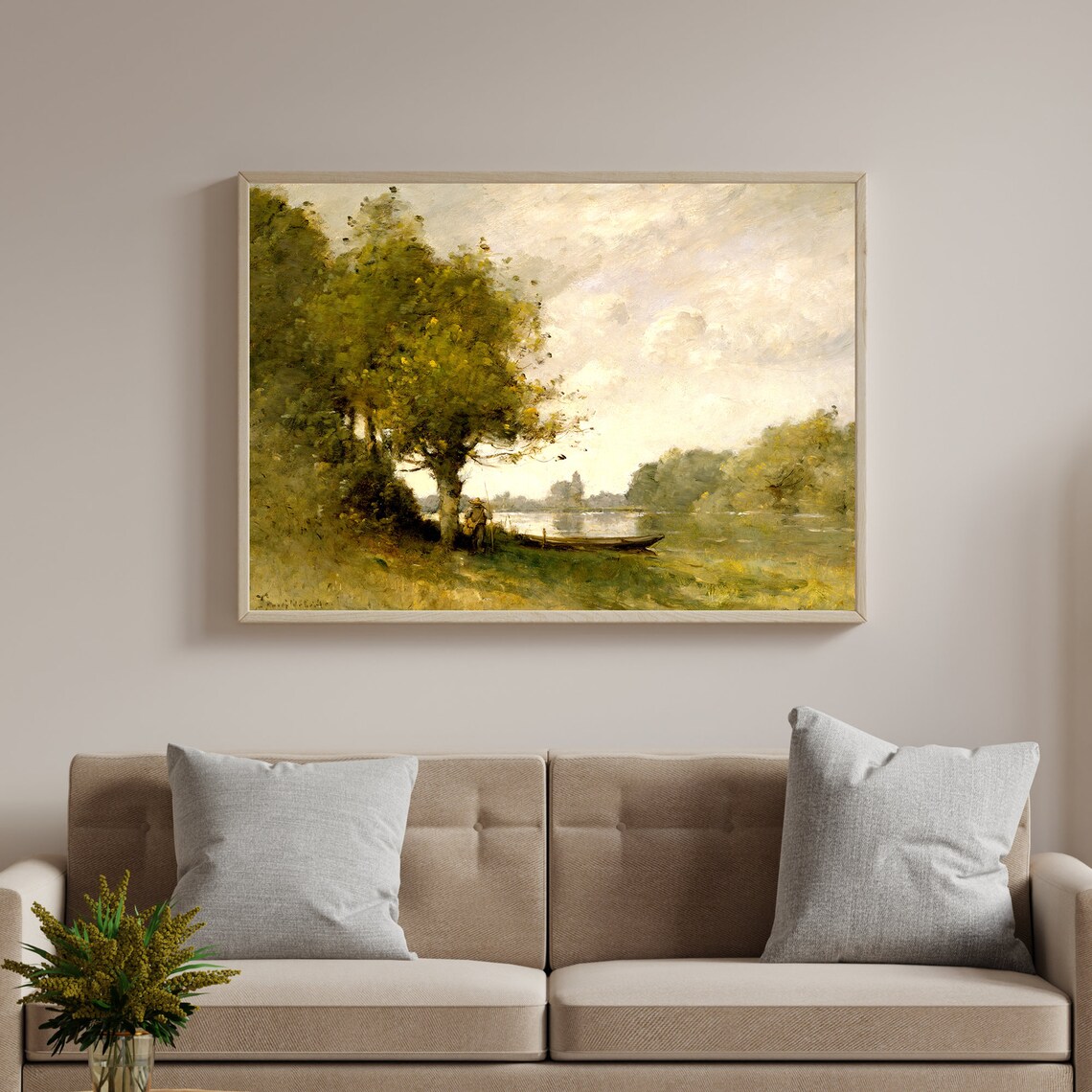 Vintage Oil Painting Lakeside Fisherman Big Tree Rowboat Art Poster - Image 4