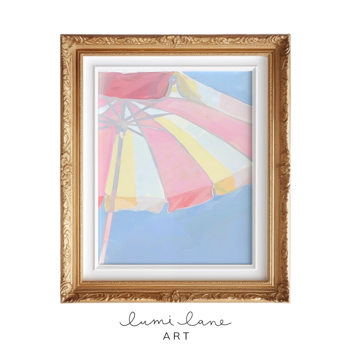 Pastel Beach Umbrella Pink Yellow Striped Summer Sky Art Poster