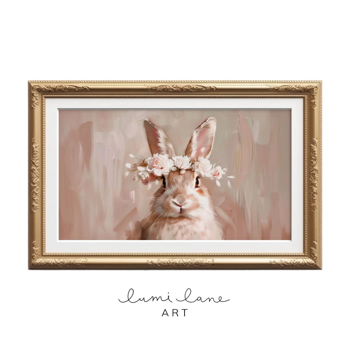 Bunny Flower Crown Art Pink Oil Painting Texture Easter In Spring Flowers Cute Rabbit Print Frame Tv Neutral