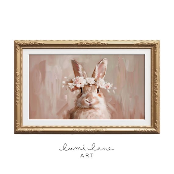 Bunny Flower Crown Art Pink Oil Painting Texture Easter In Spring Flowers Cute Rabbit Print Frame Tv Neutral