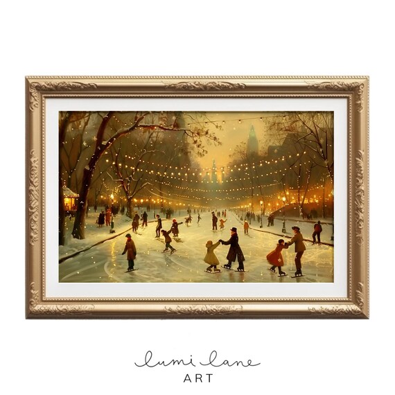 Vintage Winter Ice Skating Park Night Lights Nostalgic Holiday Print