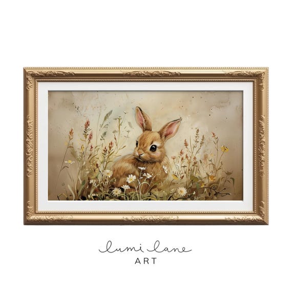 Blossom Bunny Art Textured Easter In Spring Flowers Cute Rabbit Print Frame Tv Neutral Pretty