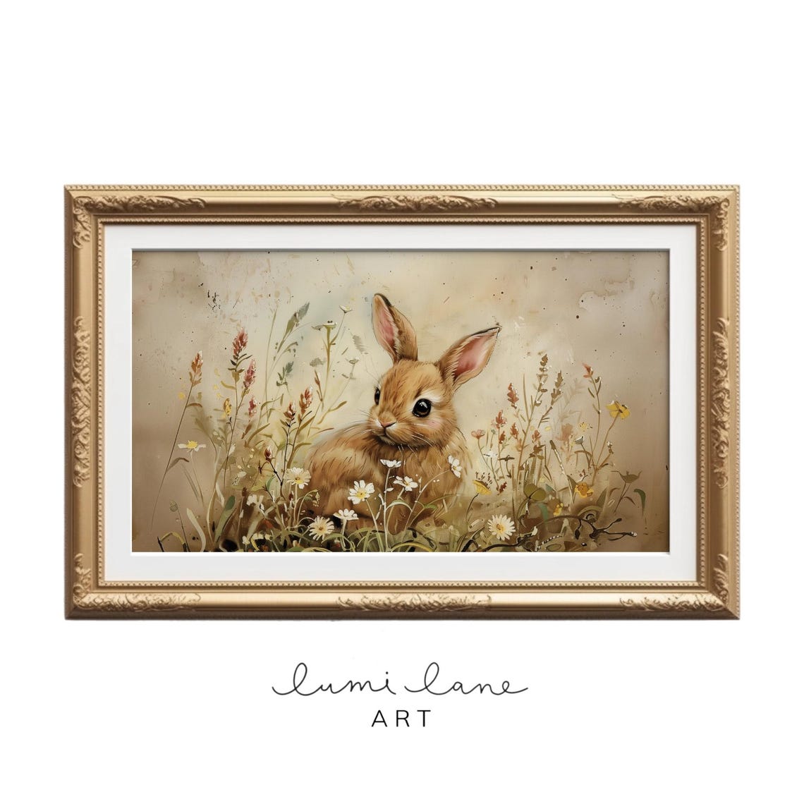 Blossom Bunny Art Textured Easter In Spring Flowers Cute Rabbit Print Frame Tv Neutral Pretty