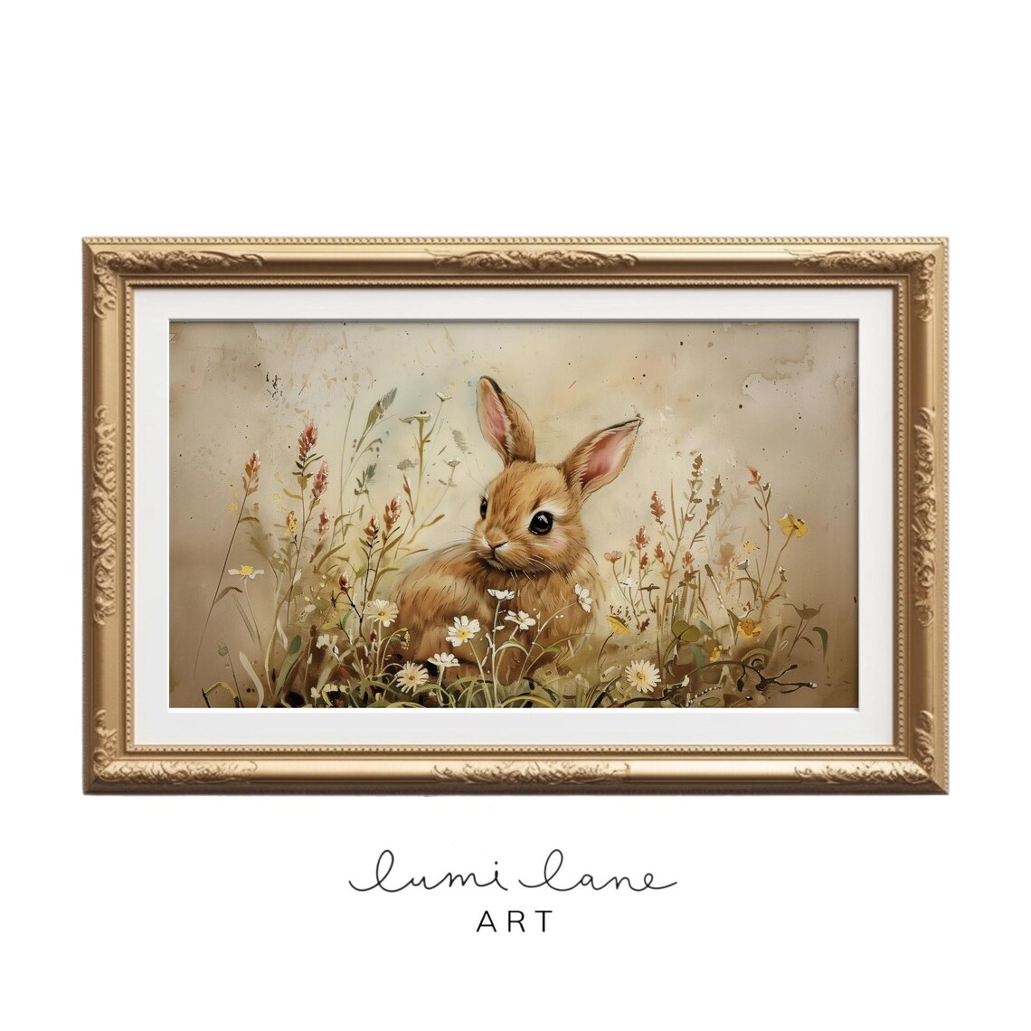 Bunny In Wildflower Meadow Textured Vintage Spring Painting Poster
