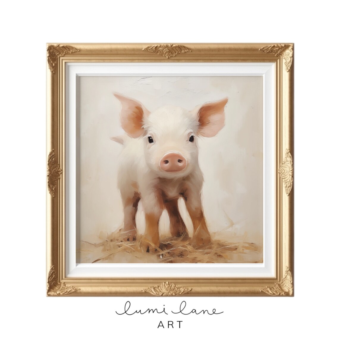 Cute White Piglet Oil Painting Adorable Baby Pig Farm Animal Print