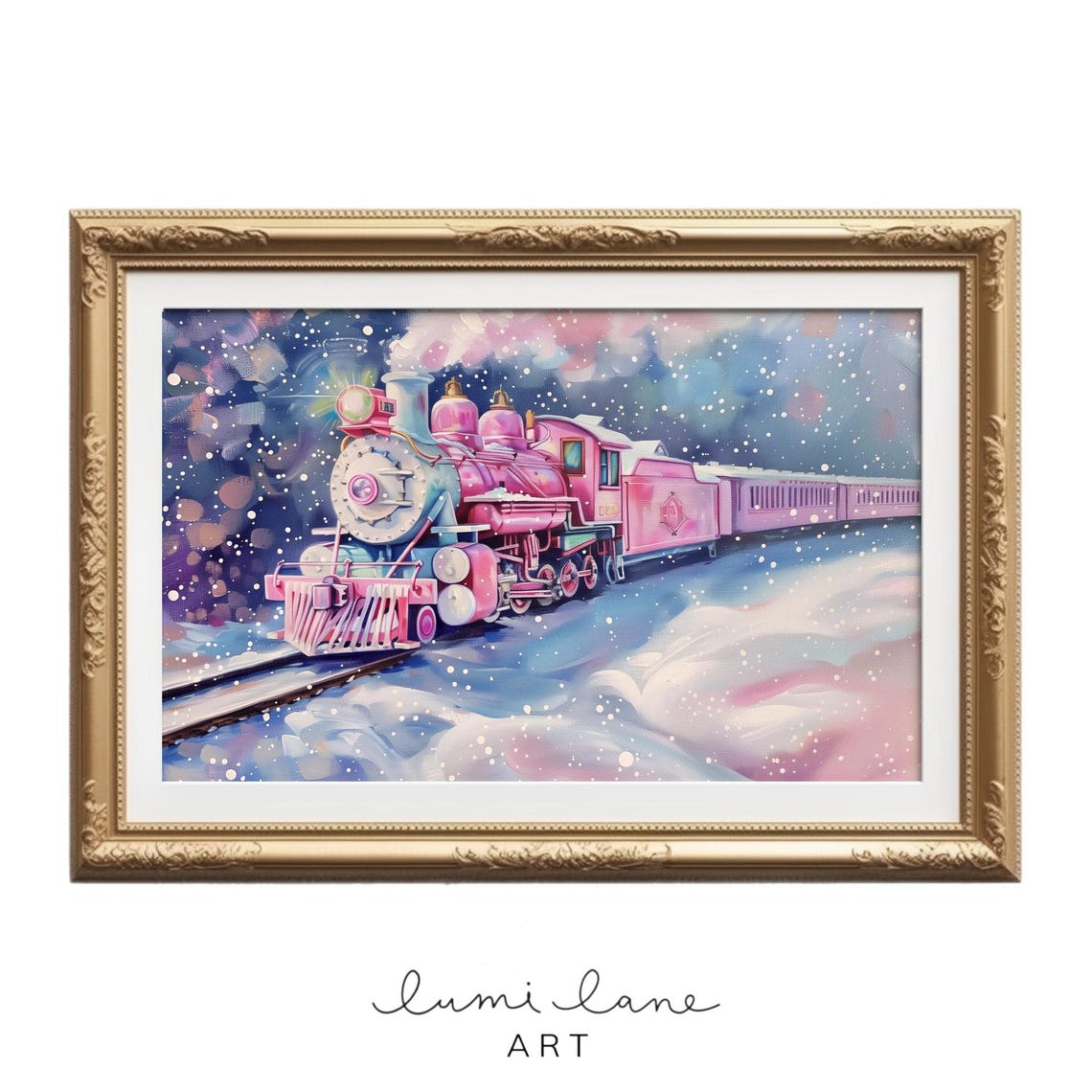 Pink Steam Train Snowy Night Magical Winter Railroad Art Poster