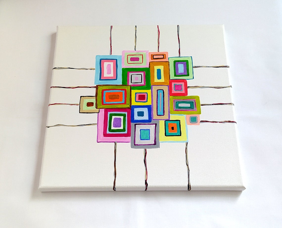 Colorful Nested Squares White Canvas Thin Line Grid Modern Art Print - Image 2