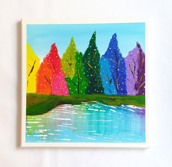 Colorful Trees Near Lake Abstract Landscape Painting Scenery Nature Trees Painting On Wall Art Dcor Housewarming Gift