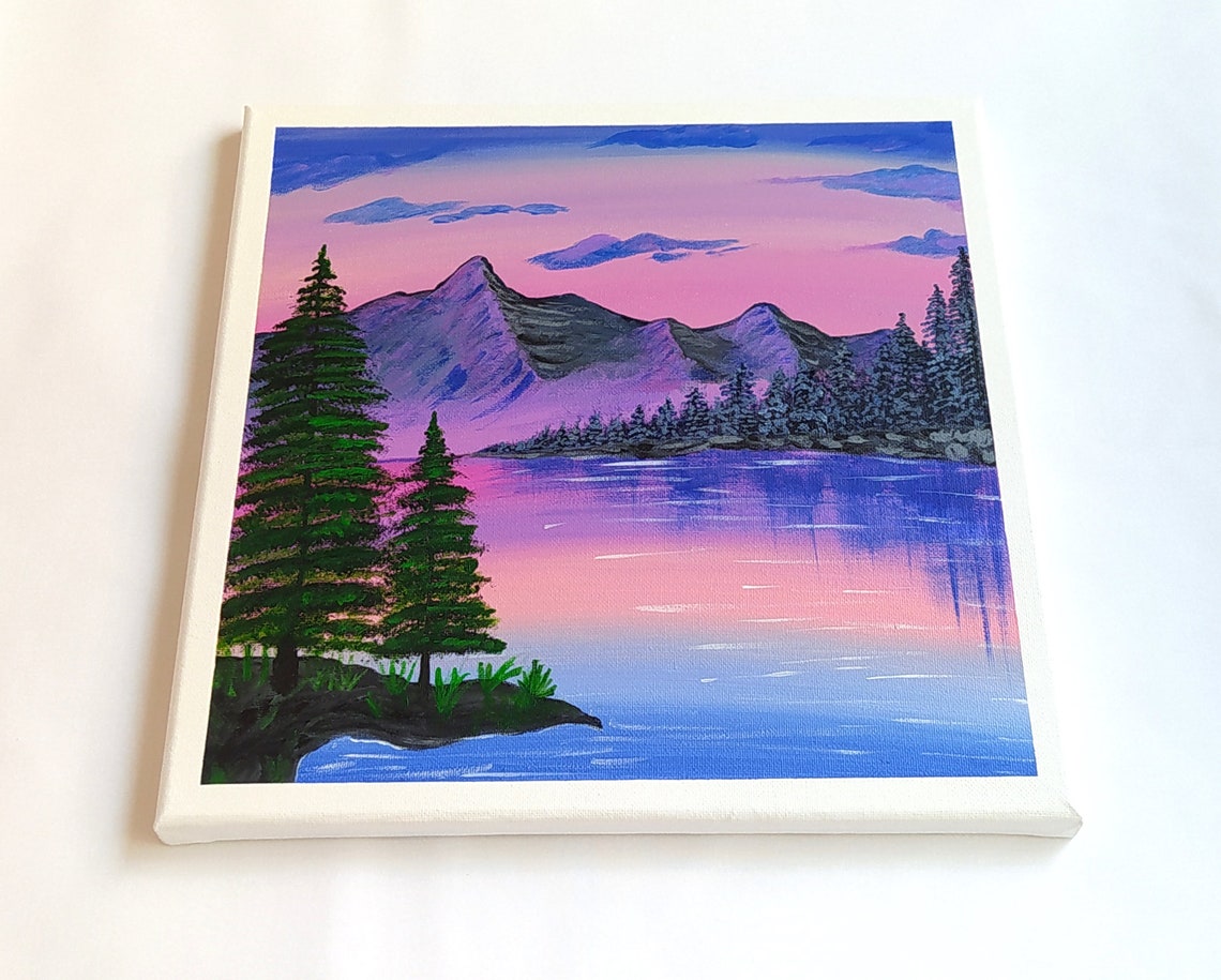 Pink Sunset Mountain Lake Pine Trees Reflection Night Painting Print - Image 2