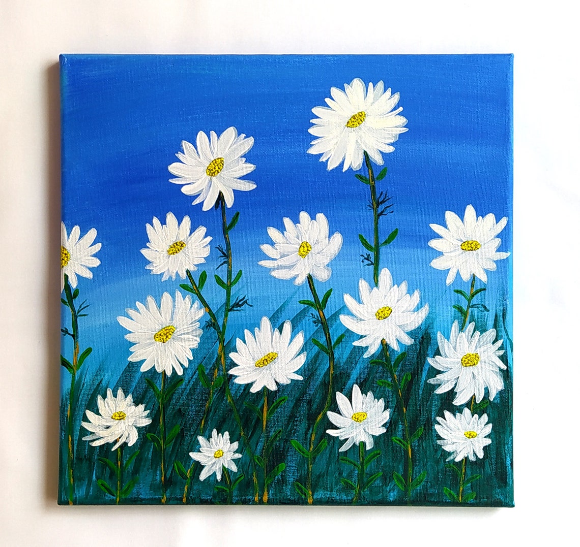 White Daisy Flowers Blue Sky Meadow Floral Painting Botanical Wall Art