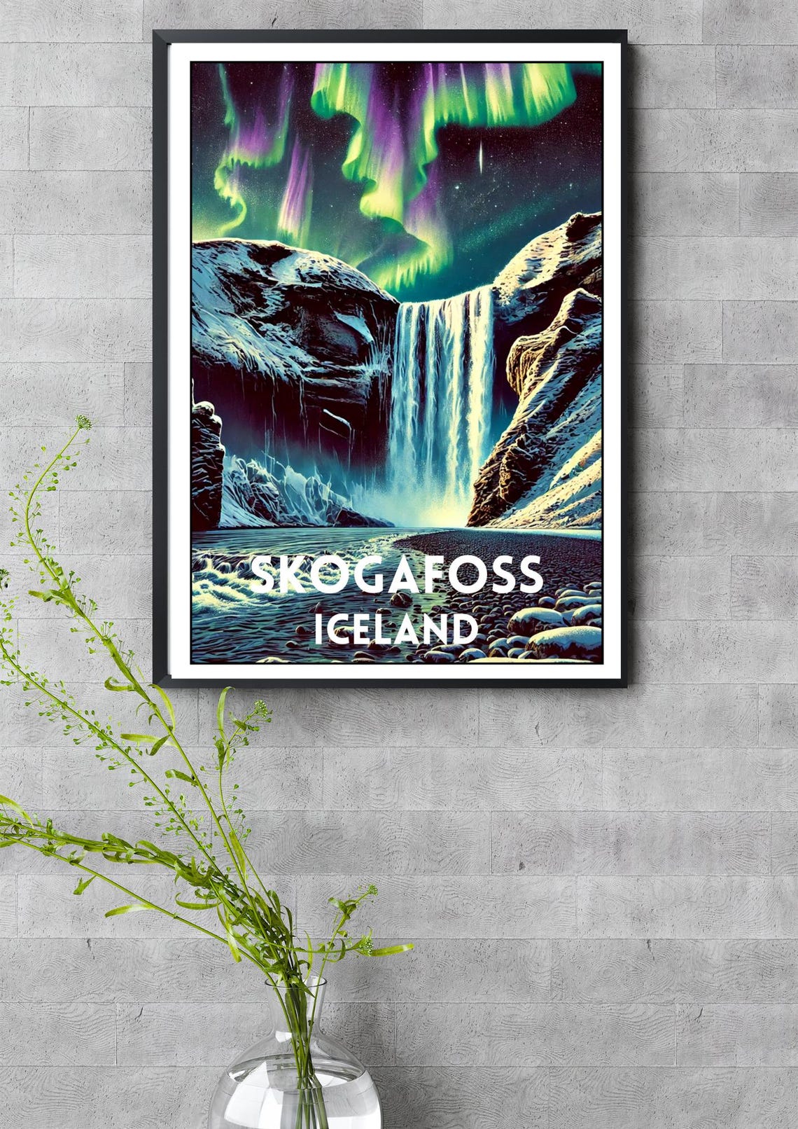 Skogafoss Iceland Northern Lights Aurora Night Waterfall Travel Poster - Image 3