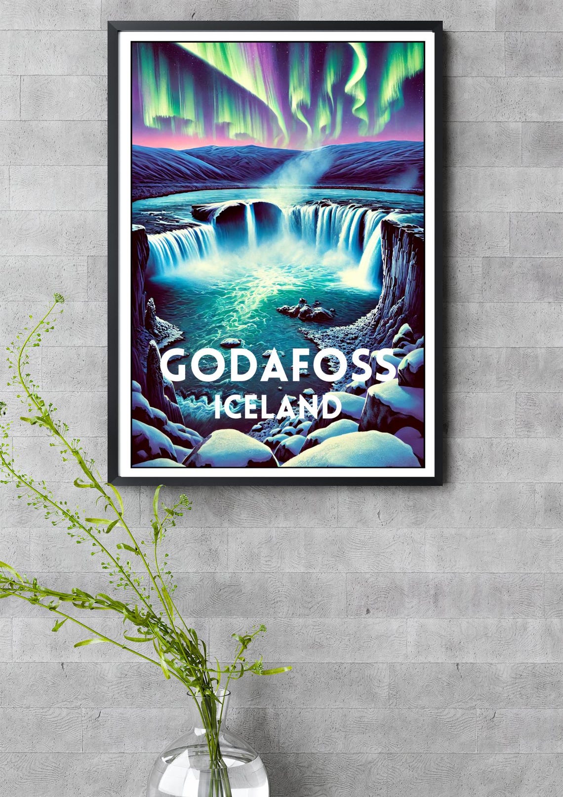 Godafoss Iceland Northern Lights Aurora Night Waterfall Travel Poster - Image 3