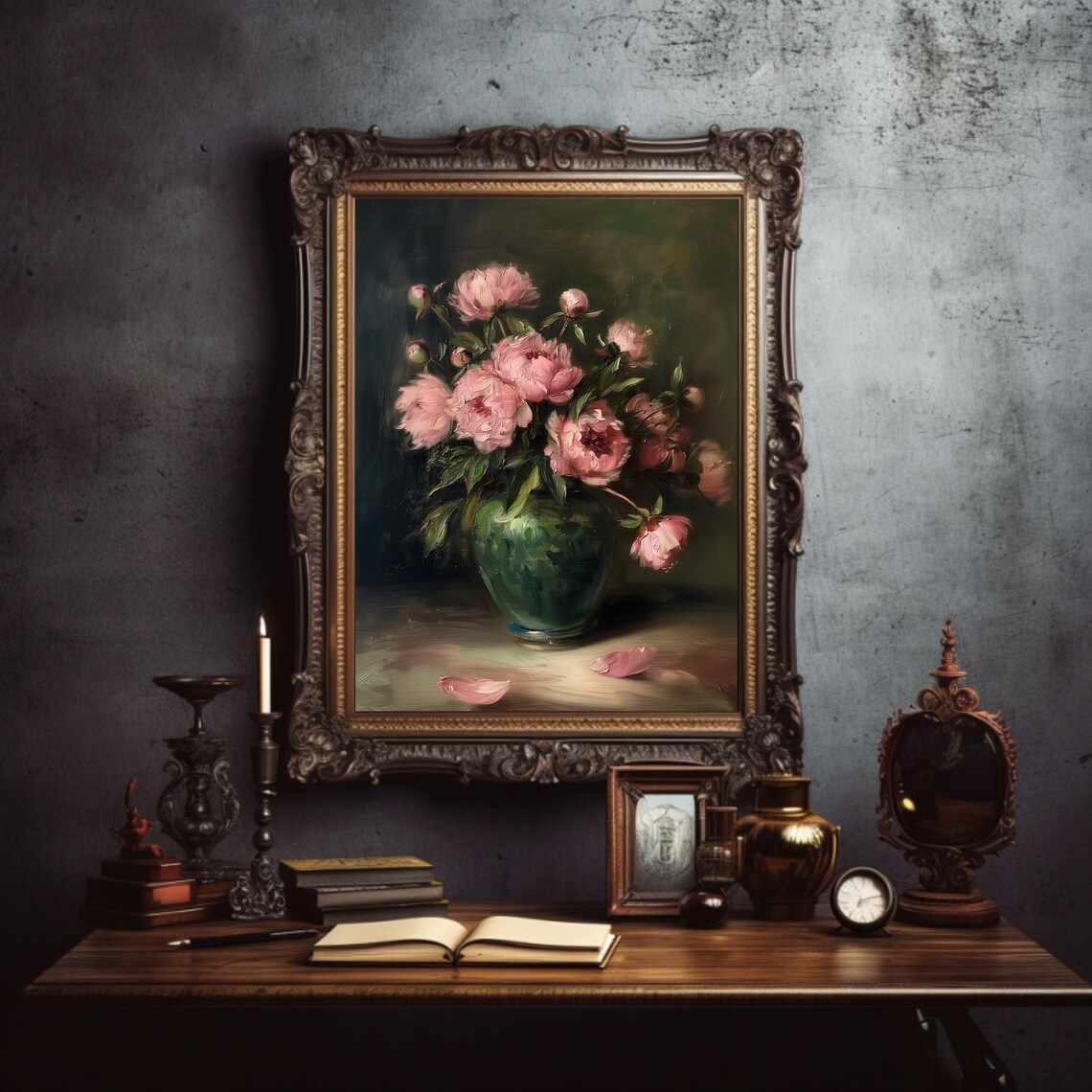 Dark Floral Pink Peonies Still Life Oil Painting Style Poster - Image 3