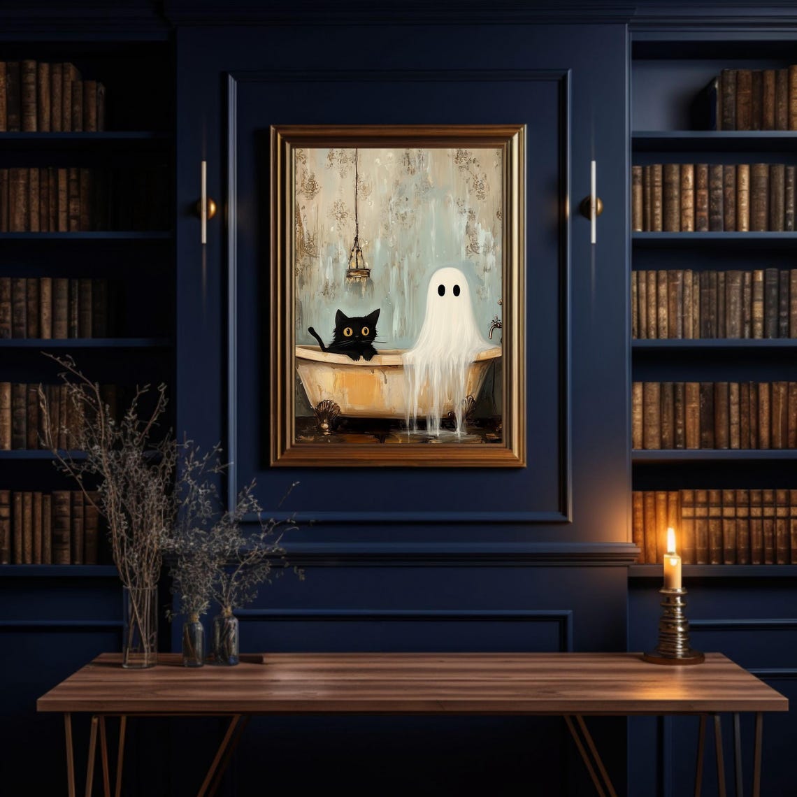 Black Cat and Ghost in Bathtub Cute Spooky Halloween Art Poster - Image 3