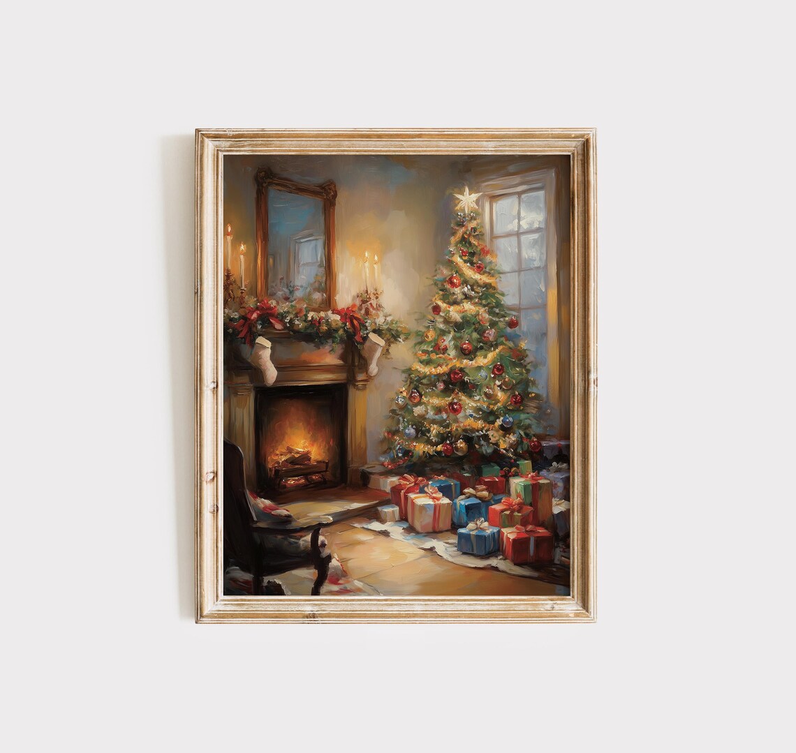 Cozy Christmas Living Room Fireplace Tree And Gifts Painting Wall Poster