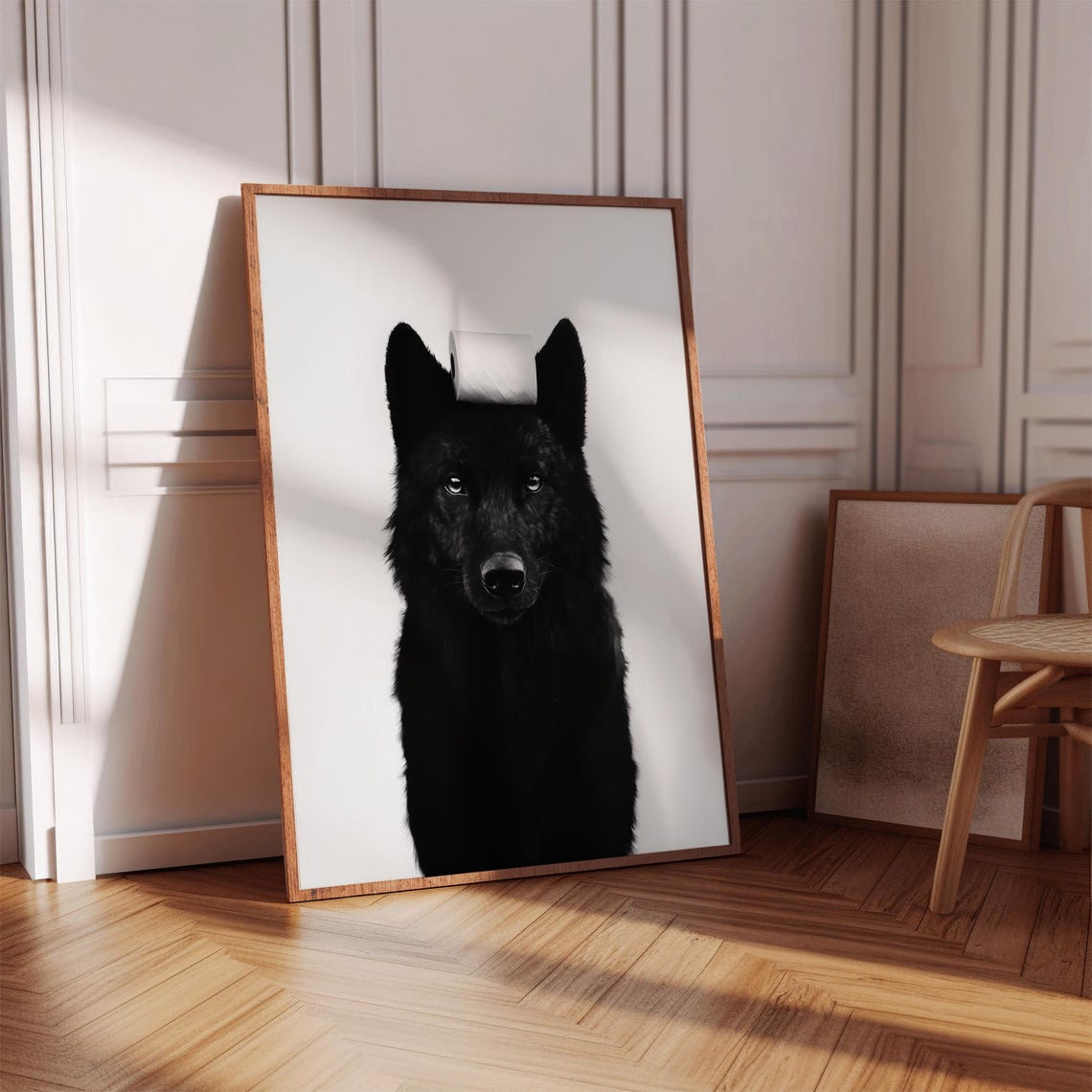 Funny Black and White Wolf with Toilet Paper Roll on Head Poster - Image 3