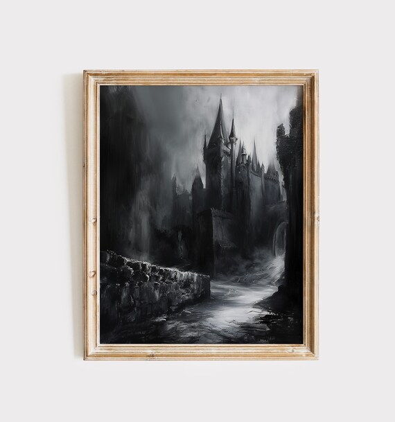 Gothic Dracula Castle on Misty Cliff Victorian Horror Painting Poster