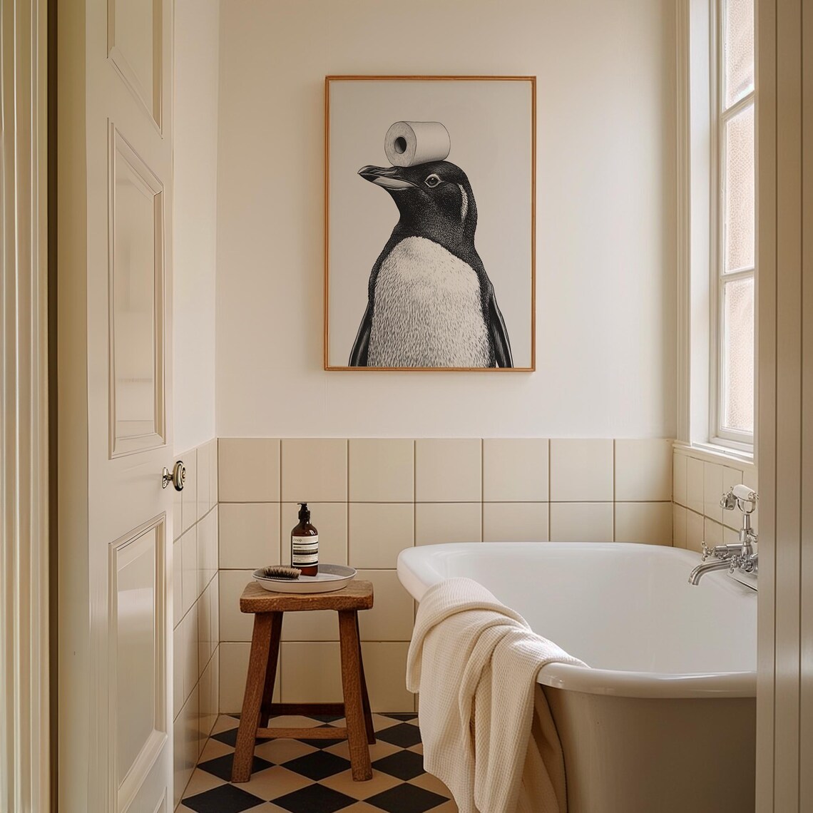 Penguin Balancing Toilet Paper Roll Black White Funny Bird Poster - Image 3