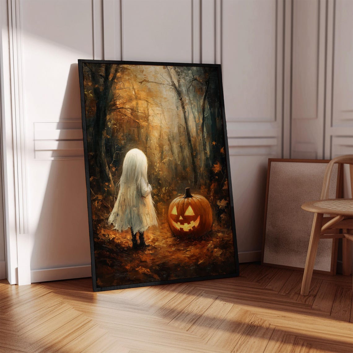 Cute Ghost Child Jack o Lantern Autumn Forest Halloween Art Poster - Image 2